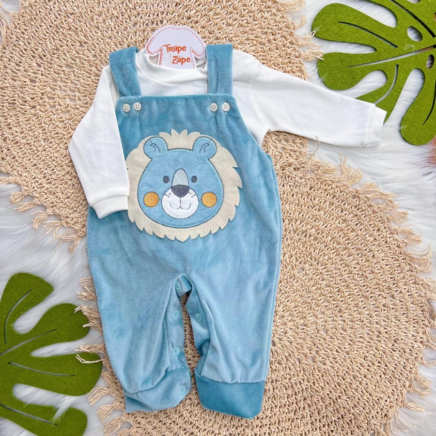 Conj. Body Manga Longa e Jardineira em Plush Leão - Verde Piscina